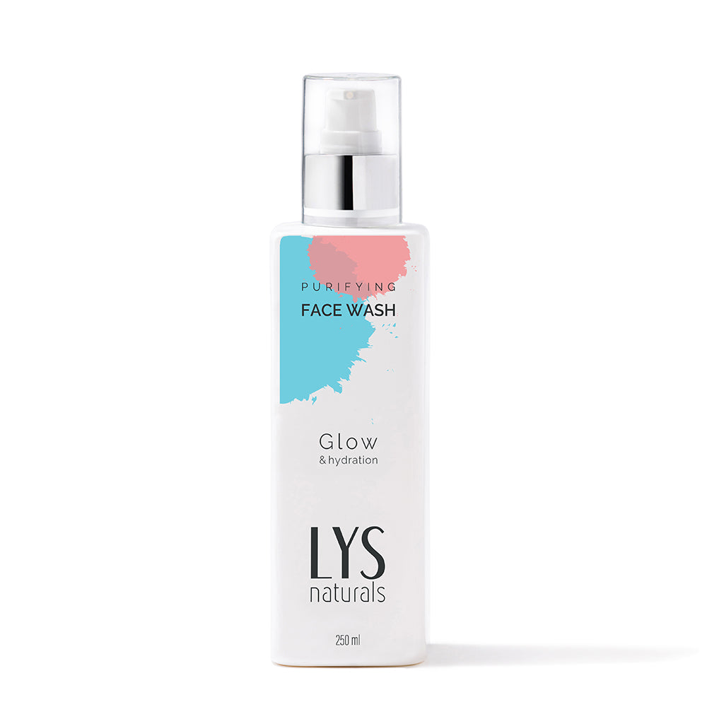 A pump bottle of LYS Naturals Purifying Face Wash with 'GLOW' and 'HYDRATION' text on the label, indicating it is a gel-based face wash designed to cleanse and hydrate the skin.