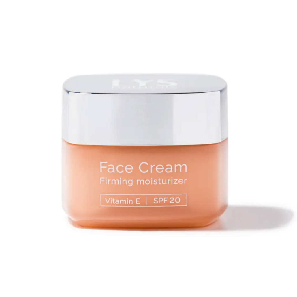 A jar of LYS brand moisturizing face cream with vitamin E and SPF 20, labeled as a firming moisturizer.
